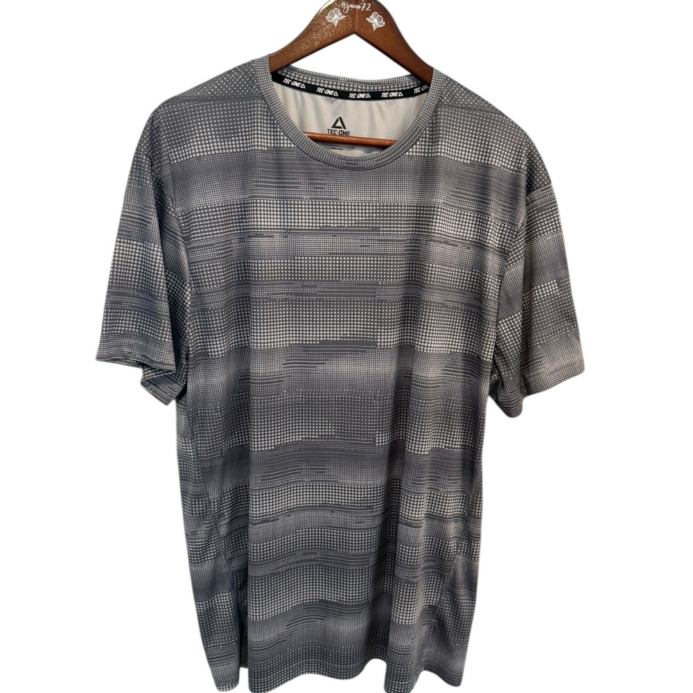 Tec-One Mens XL Performance T-Shirt Grey White Digital Dot Athletic Crew‎ Neck